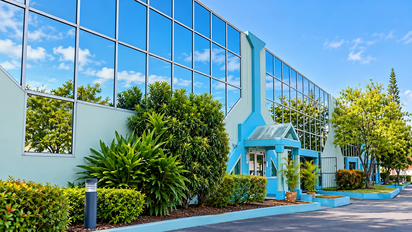 Contemporary glass-fronted building at Harbour Industrial Estate in Bridgetown, Barbados